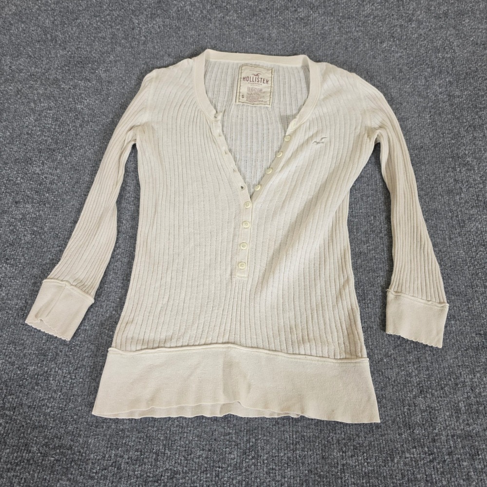 2000s Hollister Womens Small Cream Ribbed Angora Blend Henley V-Neck Cardigan